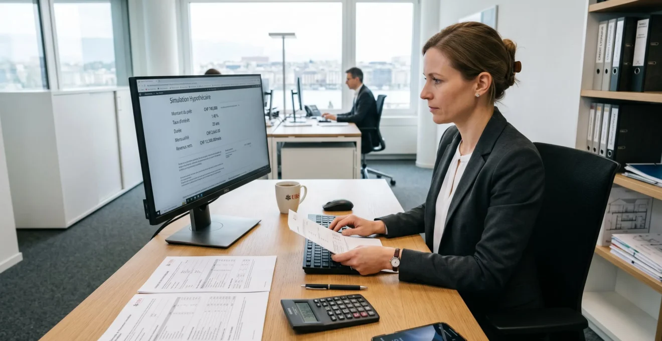 Conseiller bancaire travaillant sur une simulation de crédit immobilier dans un bureau moderne avec ordinateur et documents
