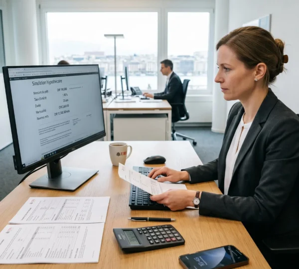 Conseiller bancaire travaillant sur une simulation de crédit immobilier dans un bureau moderne avec ordinateur et documents