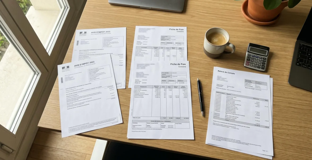 Documents financiers étalés sur un bureau : bulletins de paie, avis d'imposition et relevés bancaires pour calcul de capacité d'emprunt